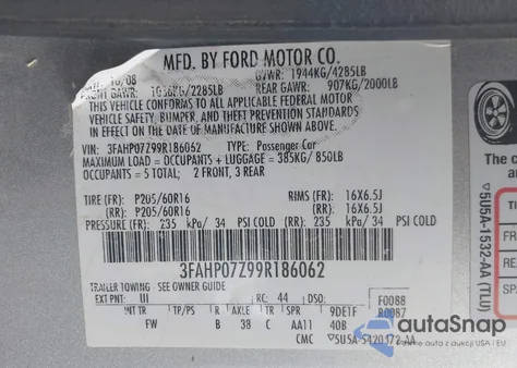 2009 Ford Fusion Se z USA, uszkodzony, nr VIN 3FAHP07Z99R186062